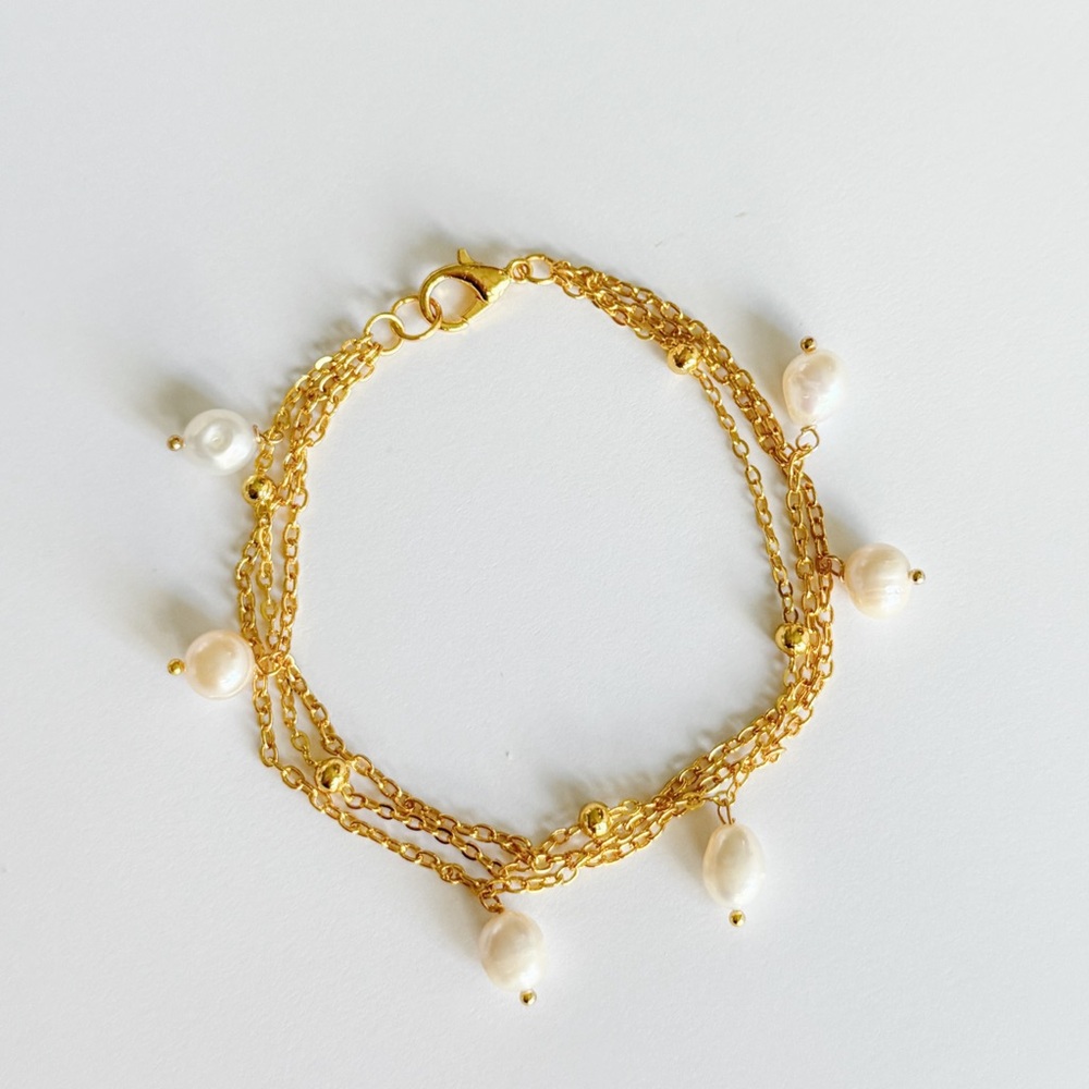 18K Yellow Gold Plated Beaded Chain And Freshwater Pearl Triple Chain Bracelet